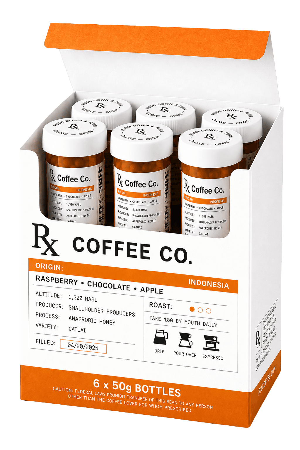 Rx Coffee Co 3-Pack — three amber prescription bottles in an orange folding carton